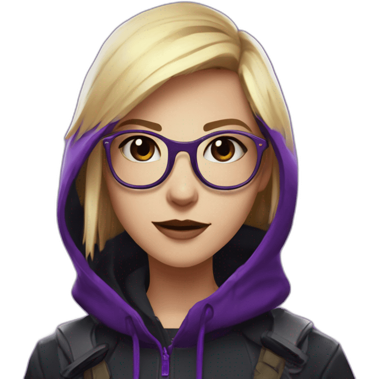 Girl blond developer  with round glasses left side behind his laptop with this style: valorant riot Game purple character purple black hooded hacker themed character emoji