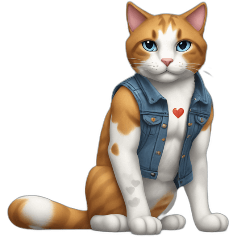 Meowscles is a muscular and humanoid calico cat in blue jeans. He has a heart with "Lynx" written inside of it tattooed on his right bicep. emoji