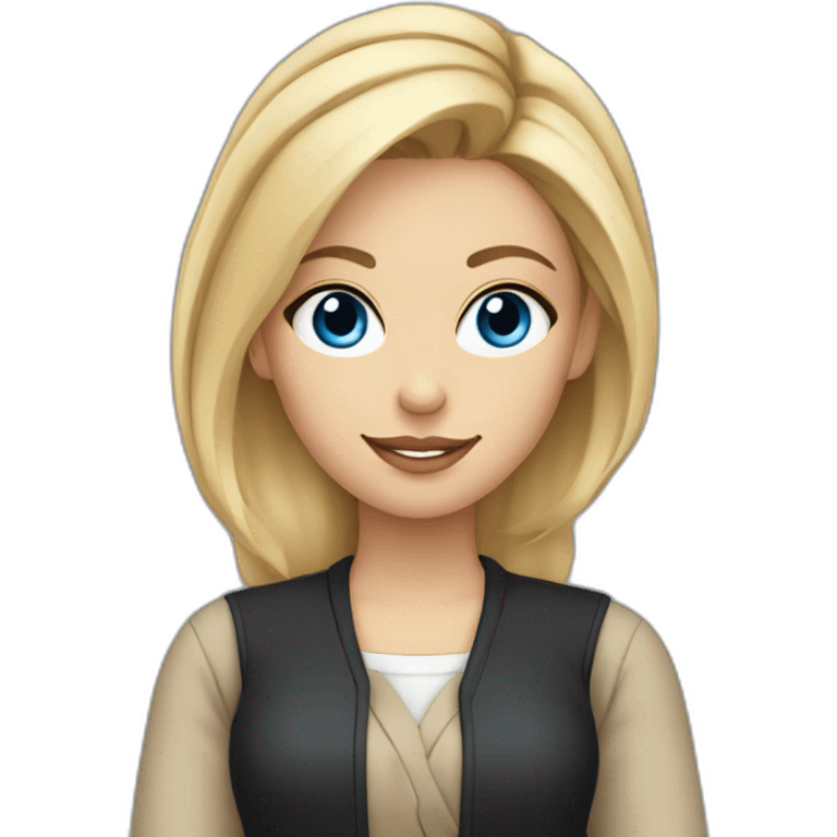 female designer with pen behind ear, blonde bun, black shirt, beige cardigan, blue eyes emoji