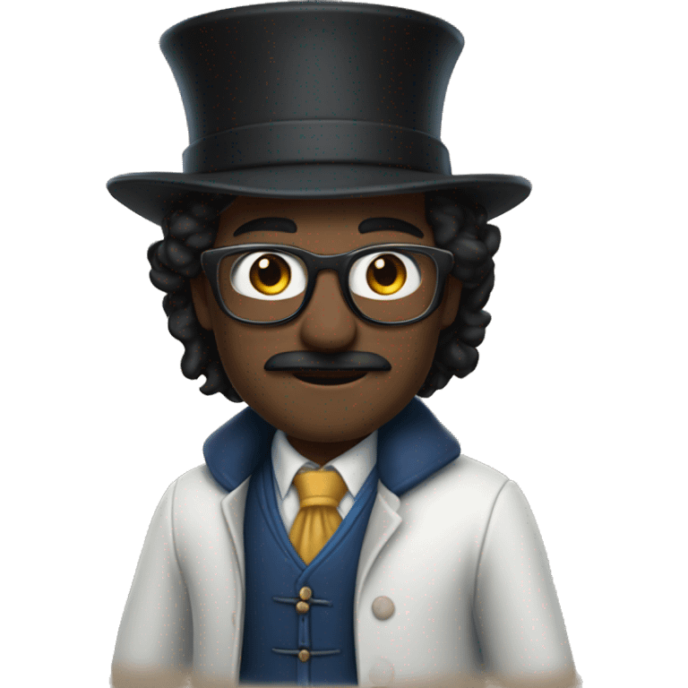 man with white skin, black longer and straight hair, mustache, glasses, with a magic hat, ravenclaw emoji