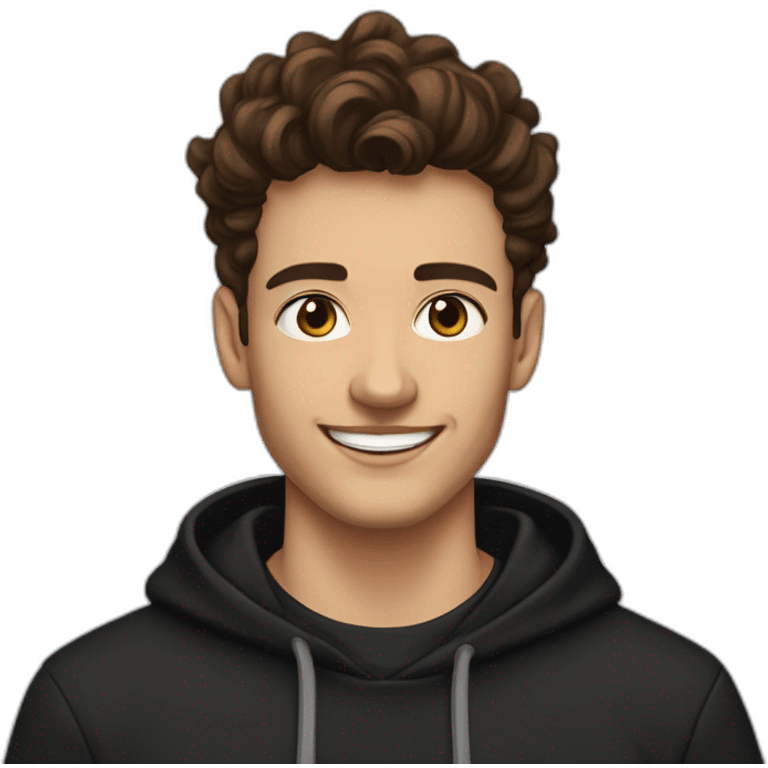 young man with short beard smiling medium long wavy rockabilly style brown hair with light skin and dark brown eyes wearing black sweatshirt hoodie emoji