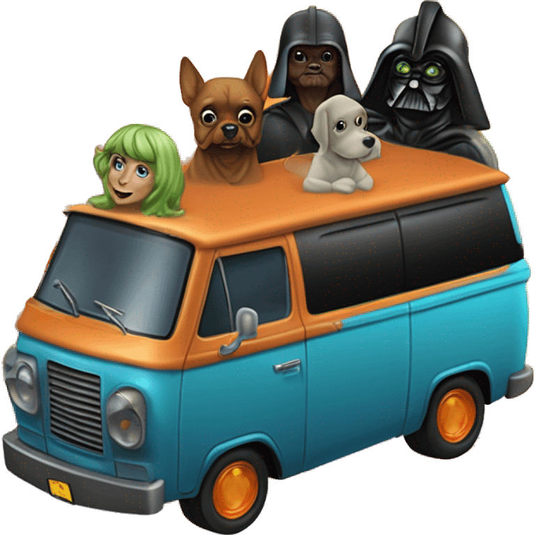 Darth Vader’s and Scooby Doo’s, Velma, Shaggy, Daphne, and Fred’s mystery machine ghost hunters van with holographic flames  emoji