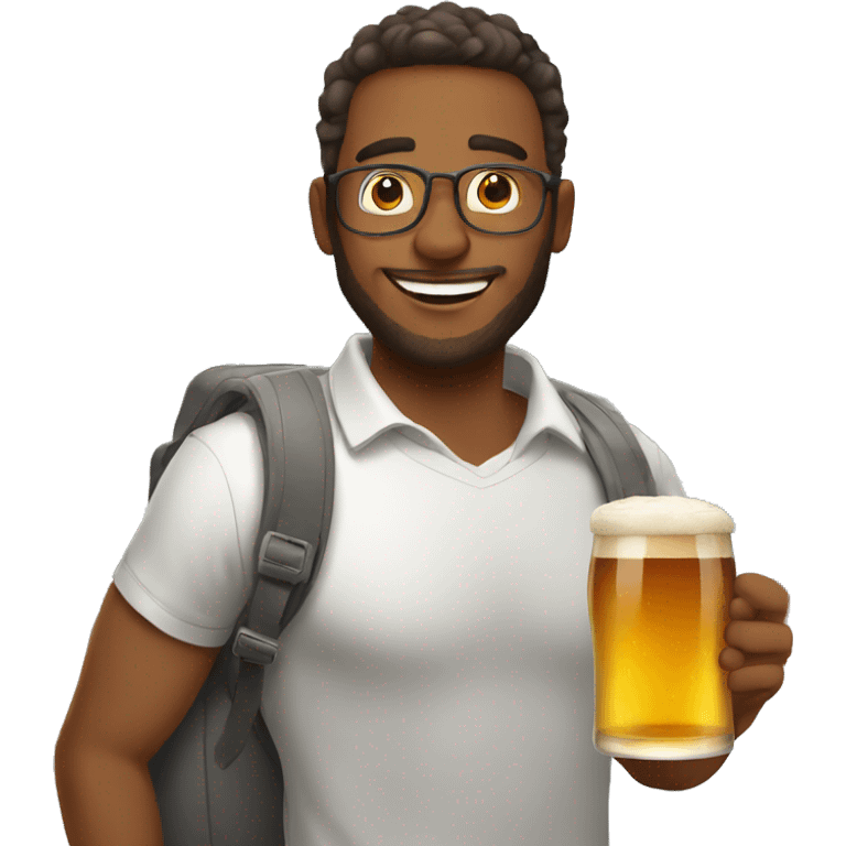 Man about to board plane with beer emoji