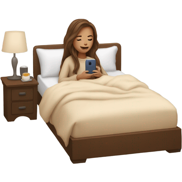 white girl with long brown hair in a bed with beige comforter on her phone emoji