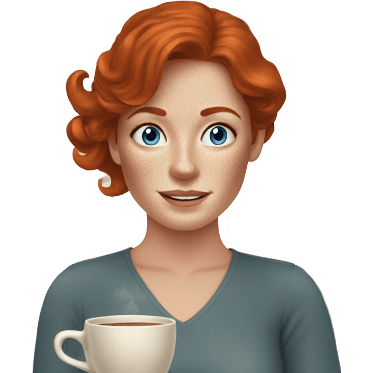 Redhead lady in 30s with freckles at home with coffee with blue eyes emoji