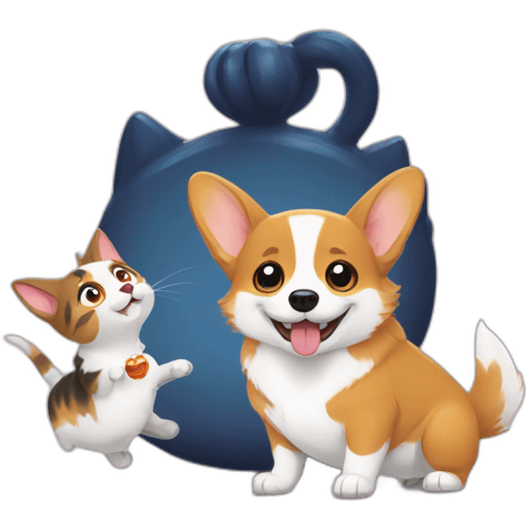 corgi is very happy with the cat, but the cat is afraid of it emoji