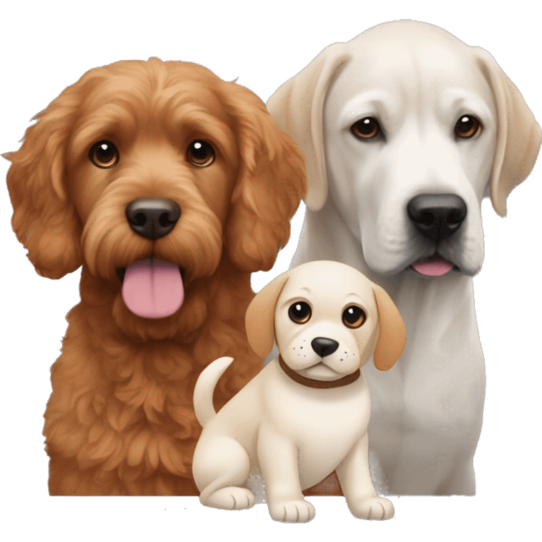 A red goldendoodle next to a white Labrador, next to a brown and gray puggle  emoji