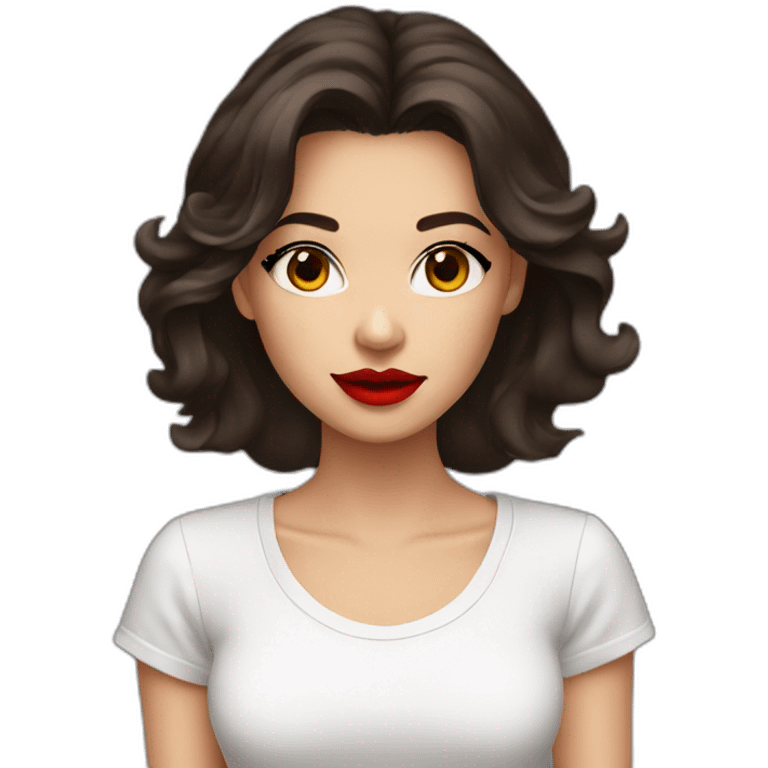 Dark hair brown eyes red lipstick white t-shirt emoji