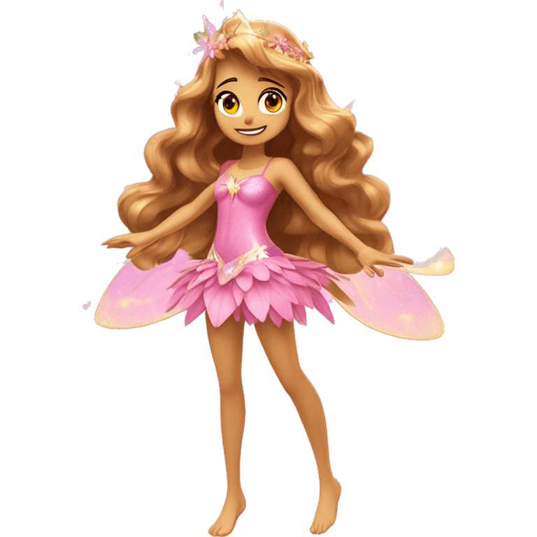 Flora the adult latina fairy of nature in her enchantix fairy pink clothing and fairy enchantix wings and long light brown hair from winx club. Small eyes, Lots of sparkles and fairydust. Full body and full fairy bliss emoji