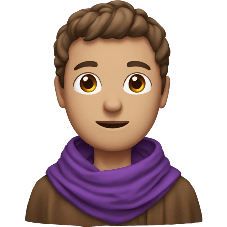 a small man's head is wrapped in a purple scarf, only 1 eye is visible and it is white, there is a brown robe on the body emoji