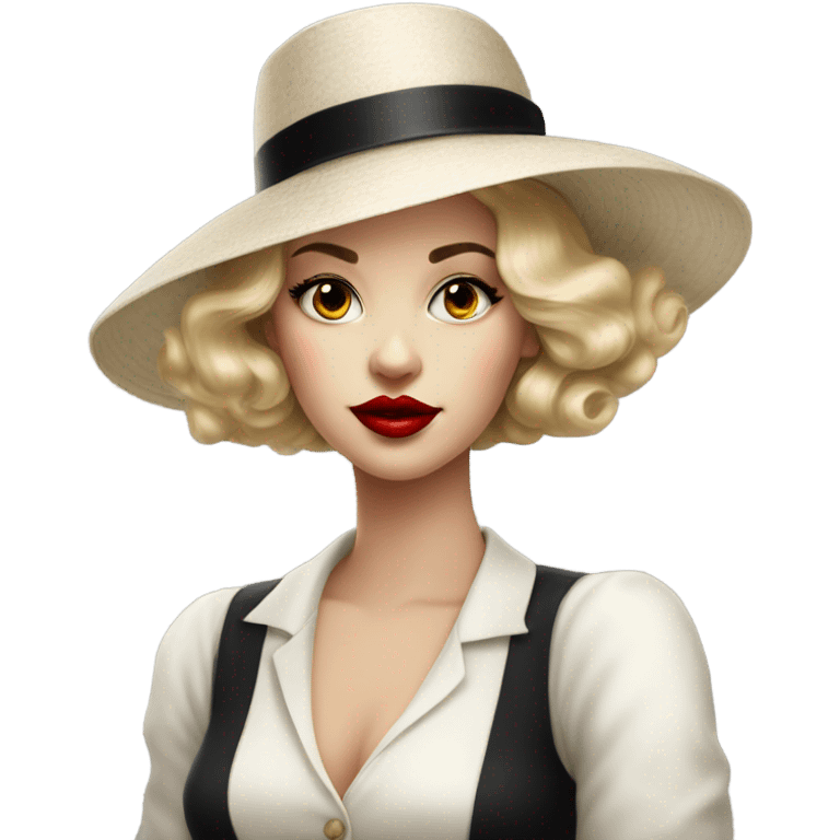 beautiful vintage girl white  in a hat black with red lipstick emoji