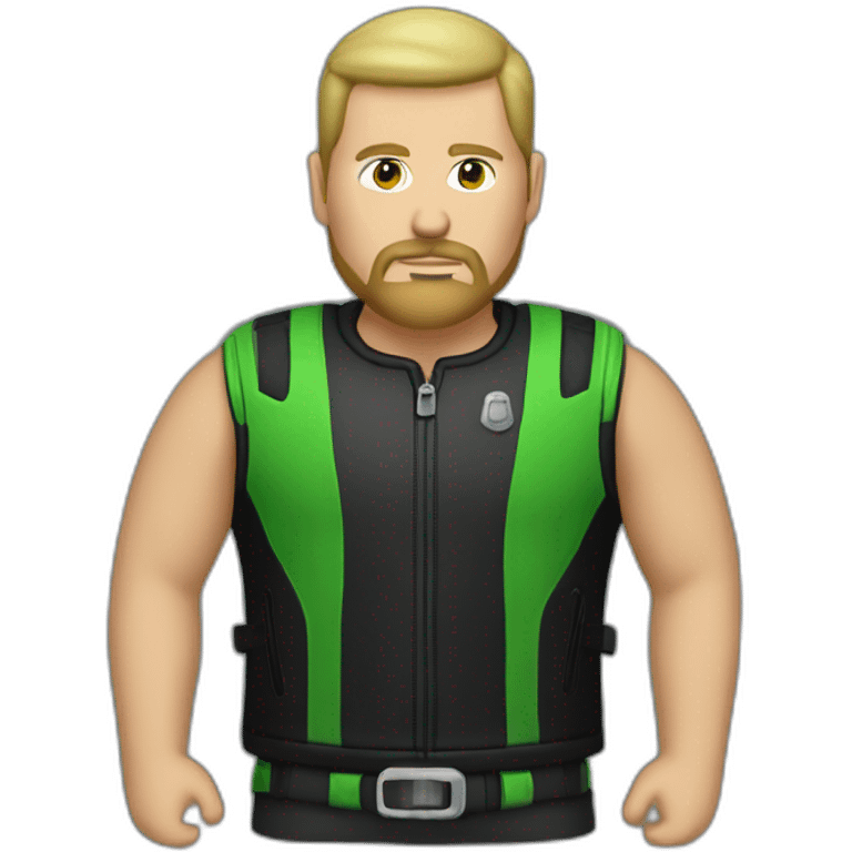 round headed white male biker wearing black and green with bottom goatee emoji