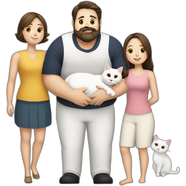 Family photo a fat husband with a beard is holding a white cat and wife with straight hair is holding another black cat emoji