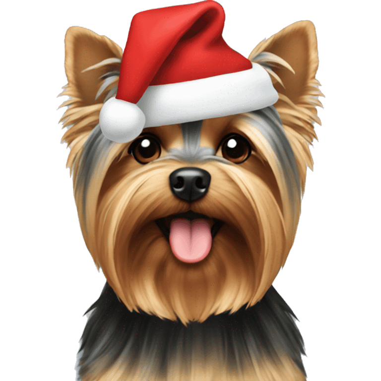 A Yorkie wearing Christmas hat emoji