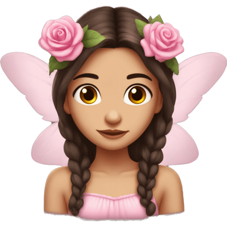 Beautiful, rose, fairy, pink, flowers in hair, long dark brown hair, big wings, fair skin emoji