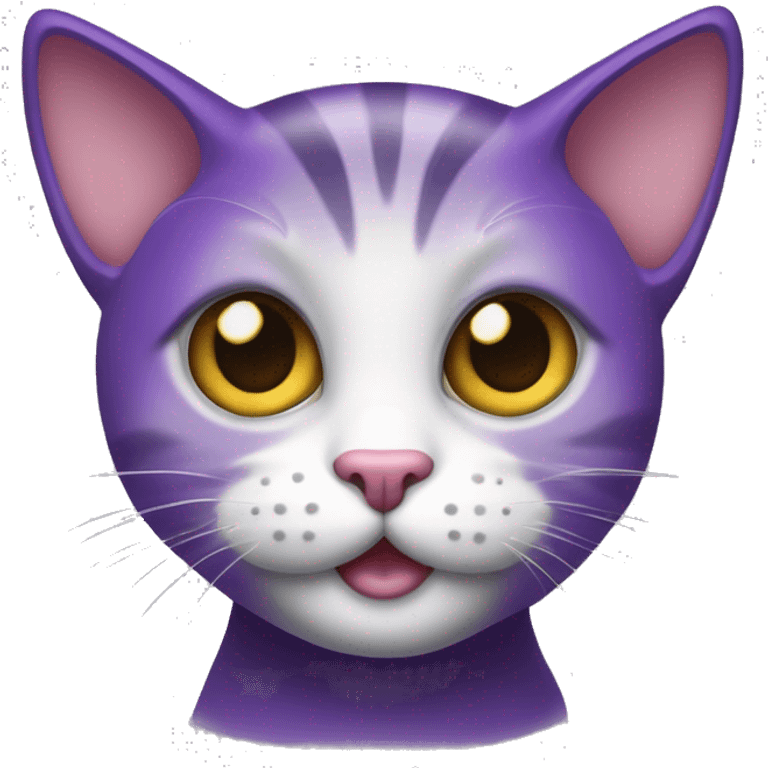 Um gato roxo com a parte branca dos olhos preta com as pupilas brancas e com uma boca sorridente com duas bolachinhas das bochechas dele emoji