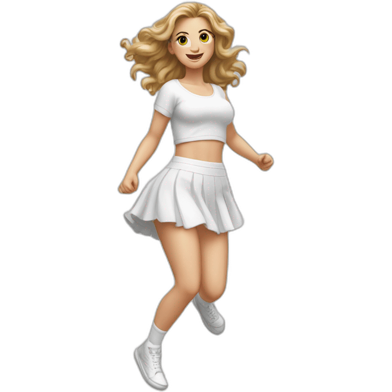 hyperrealistic-full-body-caucasian-curvy-beauty-jumping-small white-skirt-back-and-front-views-strong-wind-white knickers white socks emoji