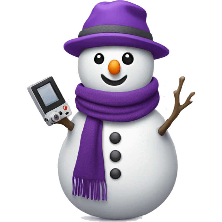 cute snowman with a purple hat and purple scarf holding a camera  emoji