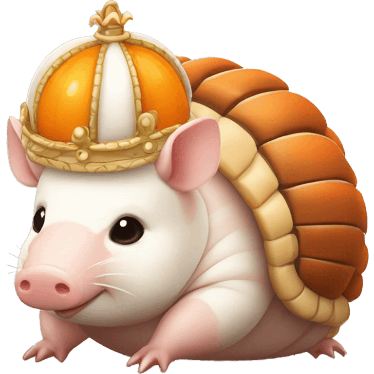 Orange and white piebald chubby round armadillo pig panda centipede armadillo wearing a crown emoji