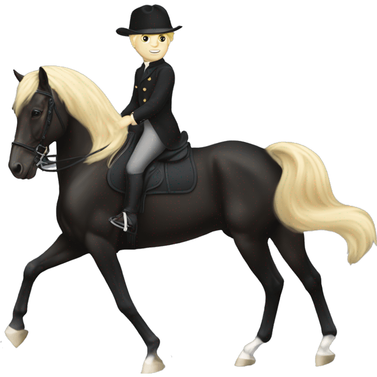 Blonde boy riding black dressage horse emoji