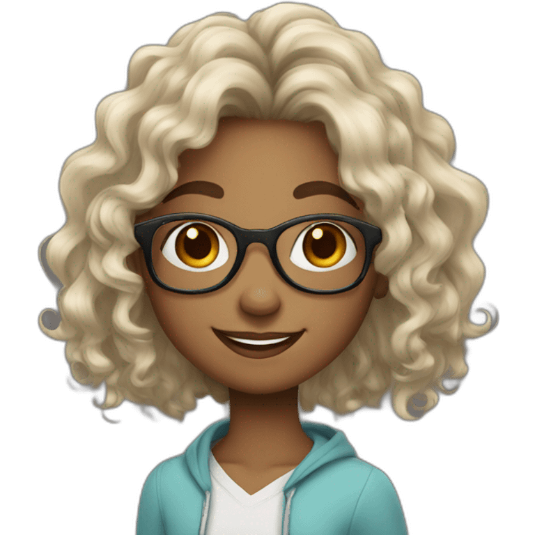 smiling black teenager girl with long black curly hair and round glasses emoji