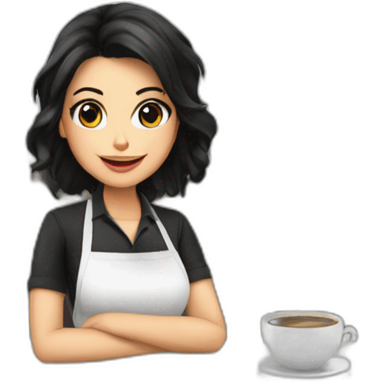 Smocking Female barista black hair wear uniform and stand near coffee shop with cup of coffee emoji