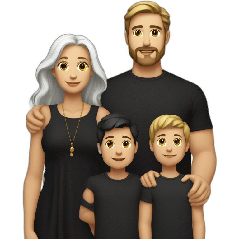 Daddy with white skin wear black shirt and his wife with same skin tone wear black long blaus and wear black shawl also his son wear black tshirt emoji