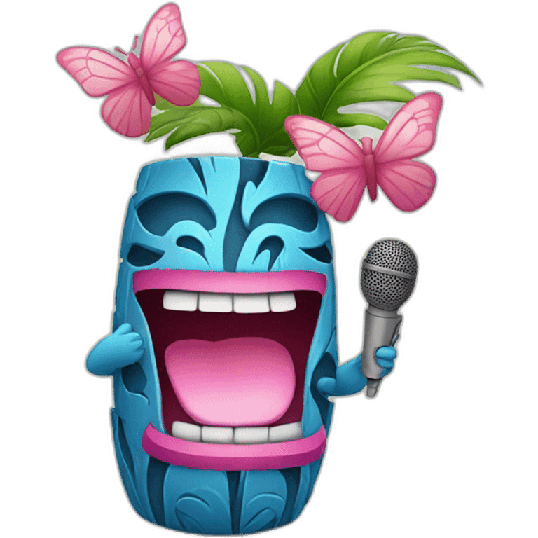 Cartoon Blue and pink tiki singing with butterfly and in the mikrophone emoji