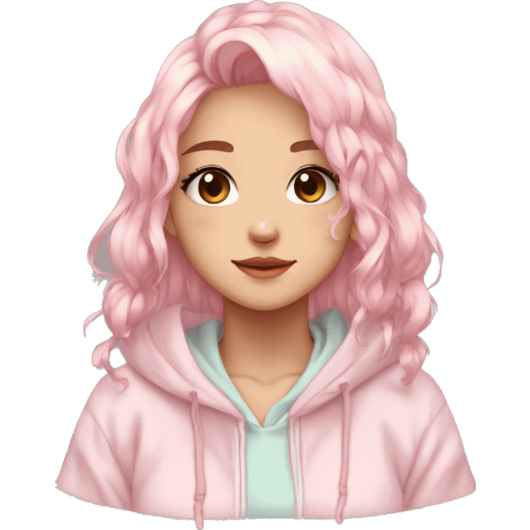 Gorgeous pastel anime girl with blushing face and hair garnitures and pretty hair and a hoodie aesthetic trending style emoji