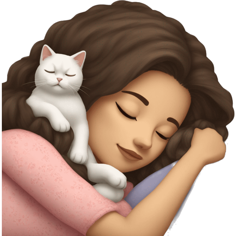 brunette girl sleeping with a persian cat emoji