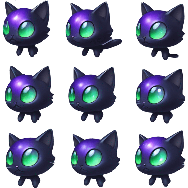 Shiny, Sparkly, Black Dark-type-Fairy-Type-Psychic-Ice-type-Fakémon-Cat Purple eyes, green gem, full body emoji