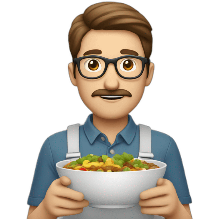 brown hair white guy with mustache wearing full rounded glasses with meal in hands emoji