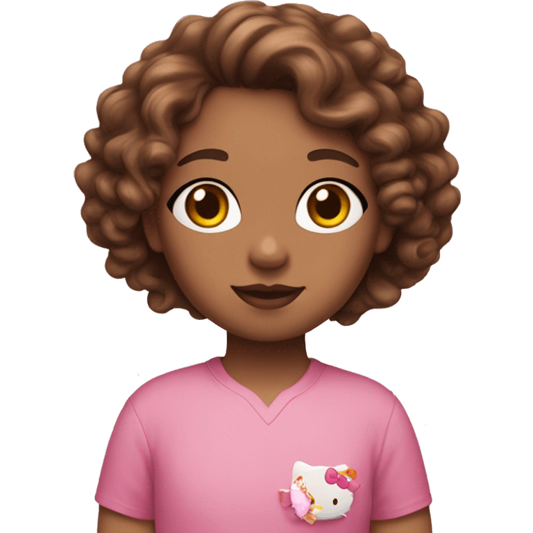 Girl with brown curly hair brown eyes and pink shirt with hello kitty on it emoji