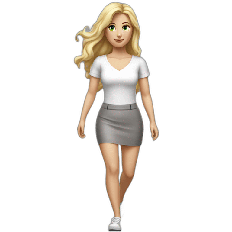 hyperrealistic caucasian long blonde woman white v-neck top gray tight mini skirt walking to camera emoji