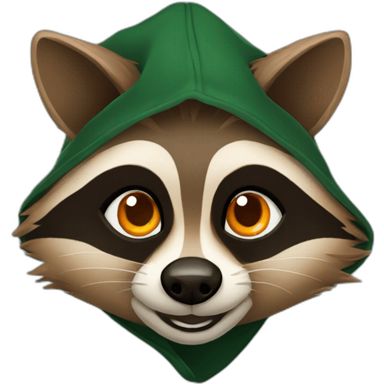 brown raccoon with orange eyes and a dark green hood that smile emoji