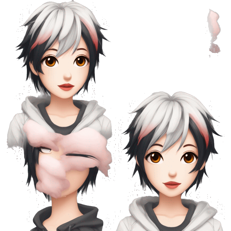 Gorgeous anime style tomboy-lady with blushing face aesthetic and pretty edgy black red punk hair with hair garment trending style emoji