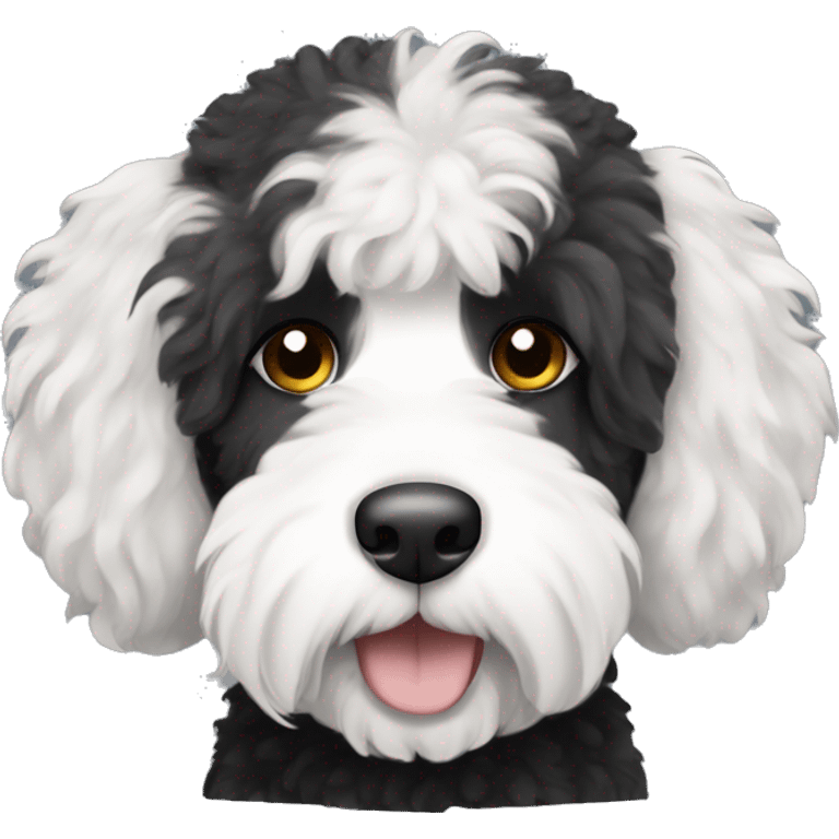 black and white sheepadoodle dog with short hair and brown eyes emoji