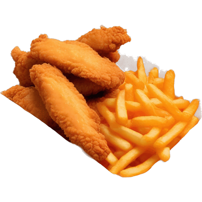 3 chicken tenders with crinkle fries and orange sauce on the side in a styrofoam container styrofoam container emoji