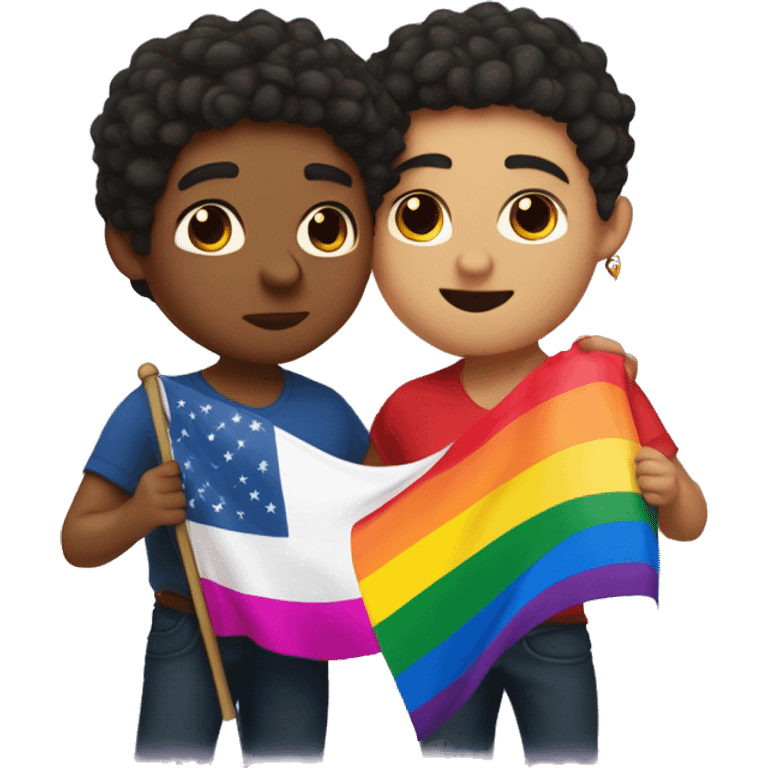 gay fat mexican boy with low taper fade hair cut kissing another gay mexican boy with long curly hair french style while holding pride flag emoji