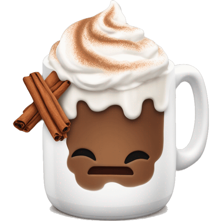 white mug of hot chocolate with whipped cream and cinnamon emoji