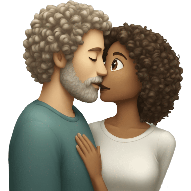 Curly haired woman kissing white man with beard emoji