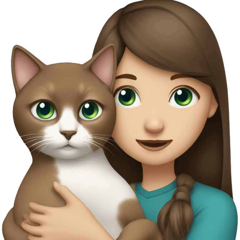 Girl with green eyes, long brown hair and bangs hugs  Siamese cat with blue eyes   emoji