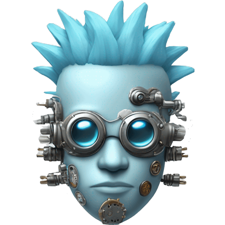 Pastel blue Mohawk cyborg head with silver steampunk goggles, goatee and circuits emoji