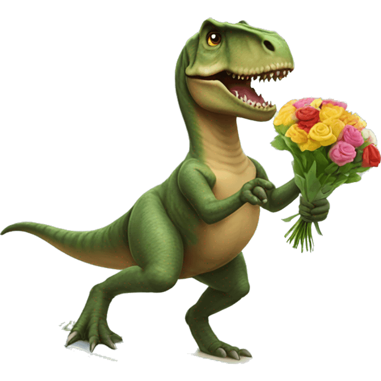 T. rex surfing holding a bouquet of flowers emoji