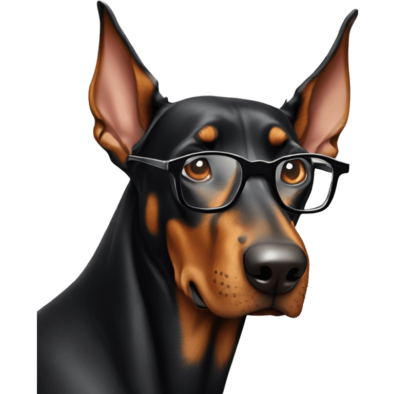 Doberman with glasses shows his paw down to be read below emoji