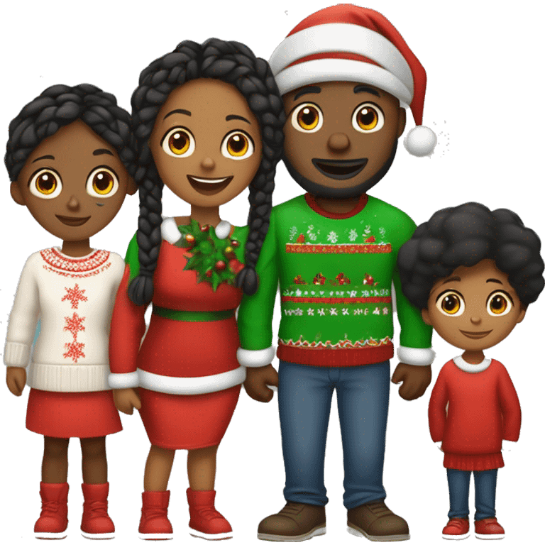 Black family of four members with Dad, Mom, Son, and Daughter. The Son and Daughter are teenagers. The Mom has braids. The Dad is light skinned.All family members are wearing Christmas sweaters and Santa hats.  emoji