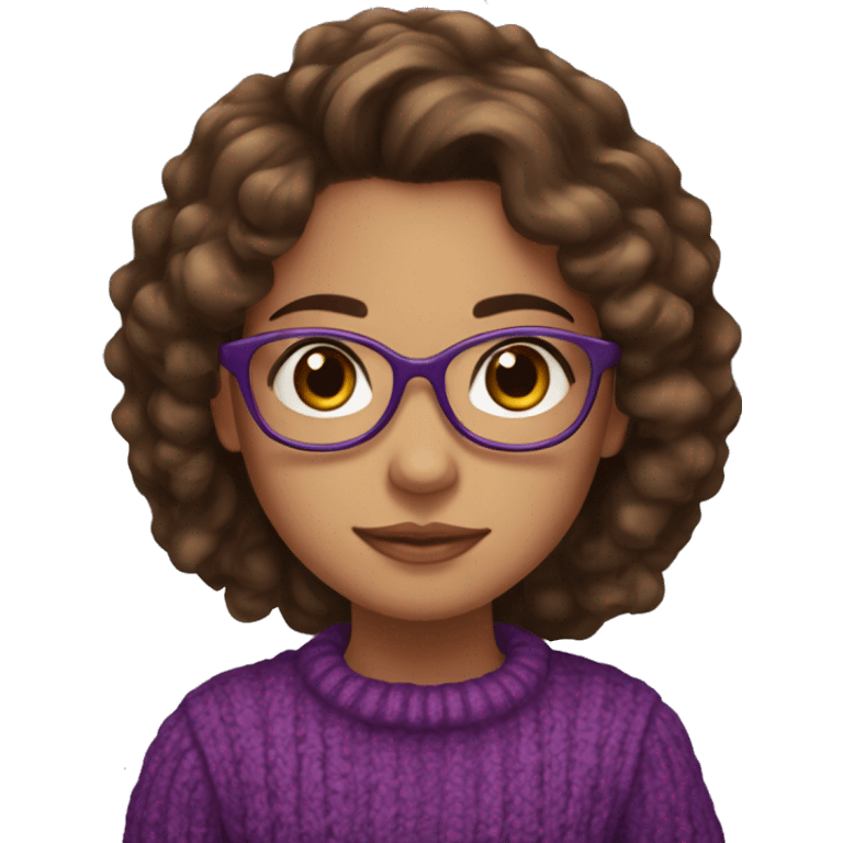 young girl, young hispanic, long brown hair, long curly brown hair, brown eyes, purple winter sweater, glasses emoji