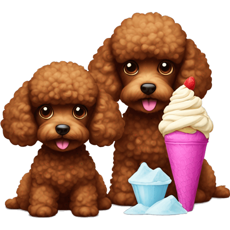 Two brown toy poodles. One is smaller than the other one. One is eating ice cream, the other one I watching emoji