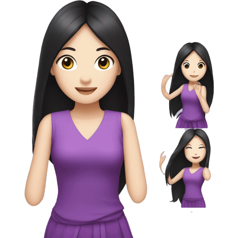 illustrated logo, kawai woman, long black hair, bright eyes, dancing, purple clothes, white skin emoji