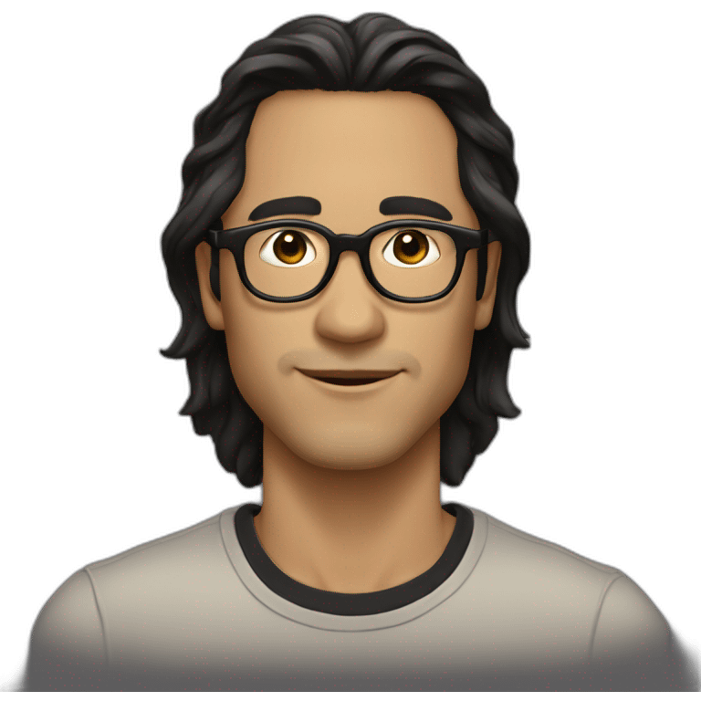 Beige guy, black eyes, black long wavy hair, no facial hair, thin long nose, round glasses, black t shirt emoji